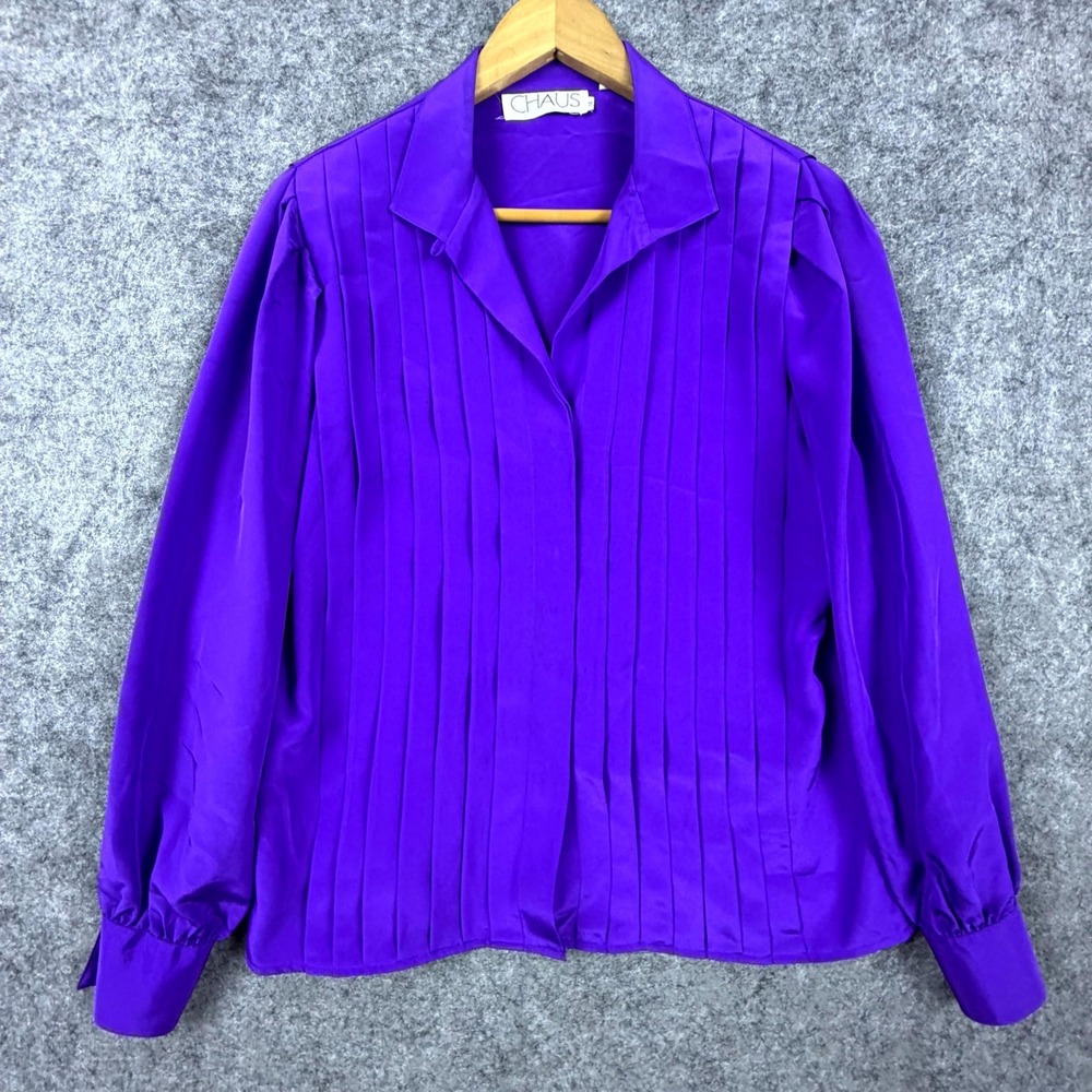 Vintage Chaus Blouse Top Womens 14 Purple Satin Pleated Silky‎ Office Siren Chic
